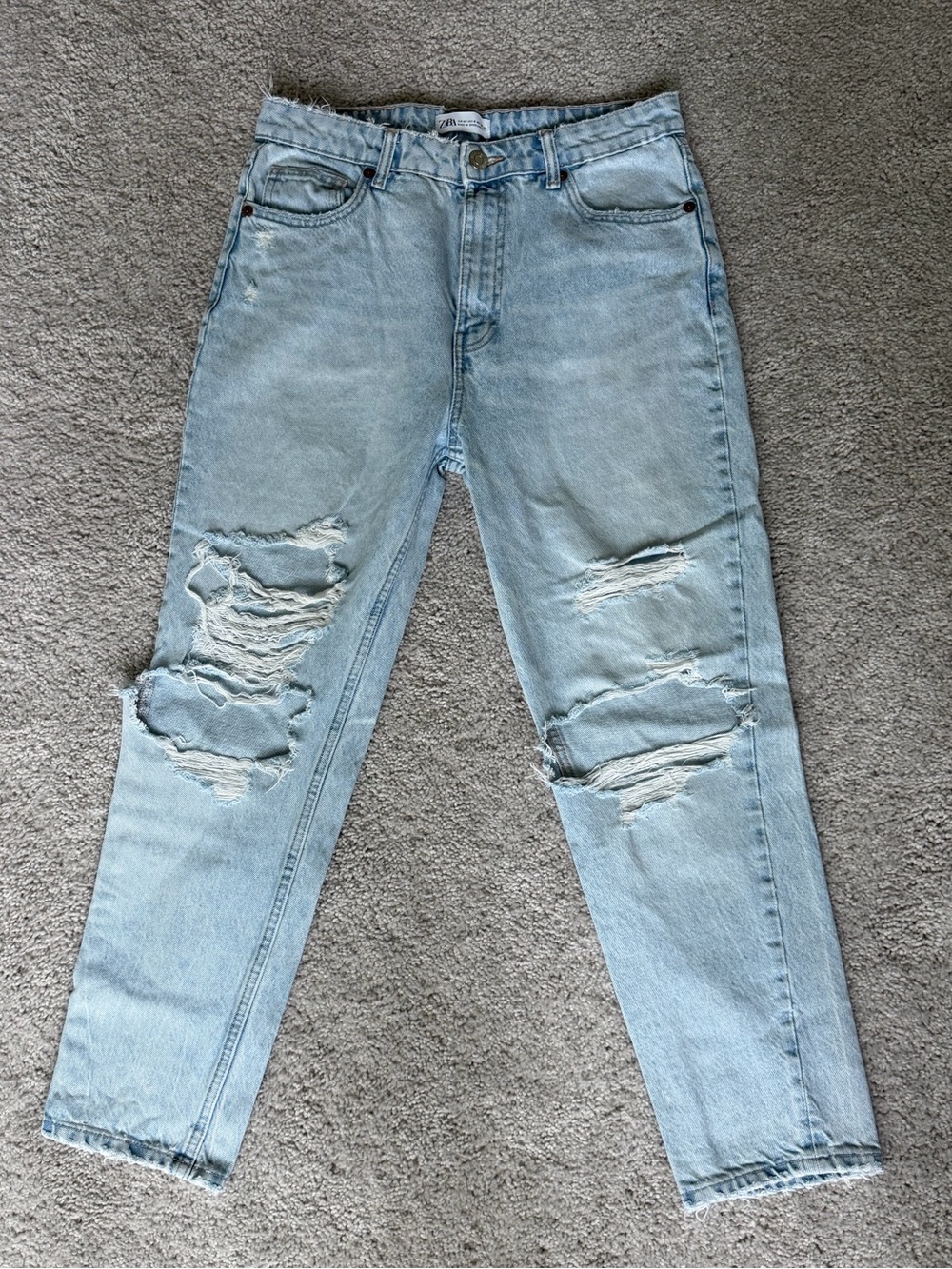 Zara High Rise Distressed Ripped Mom Jeans Light Wash Size 8